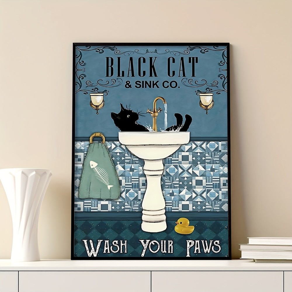 1pc Unique Vintage Black Cat Canvas Poster Art - ‘Wash Your Paws’ Framed