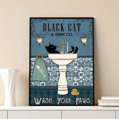 1pc Unique Vintage Black Cat Canvas Poster Art – ‘Wash Your Paws’ Framed