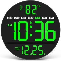 Electric Wall Clock W/ LED Display Silent Dimmer Temperature Date Time Auto DST