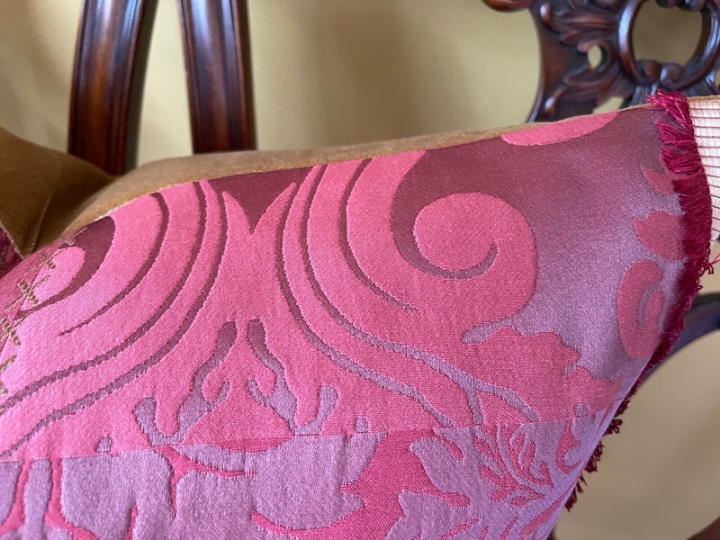 Lee Jofa Mulberry Home PATCHWORK Reds Gold Silk Blend Italian Damask Pillow Cvr gallery