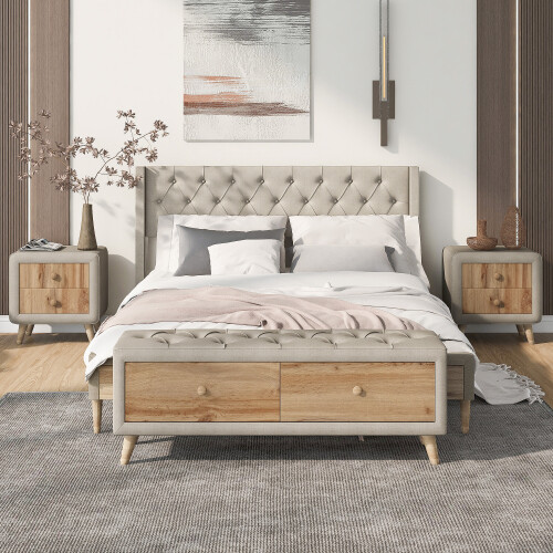 Full Queen Size Bedroom Sets Upholstered Platform Bed Frames Nightstands Bench gallery