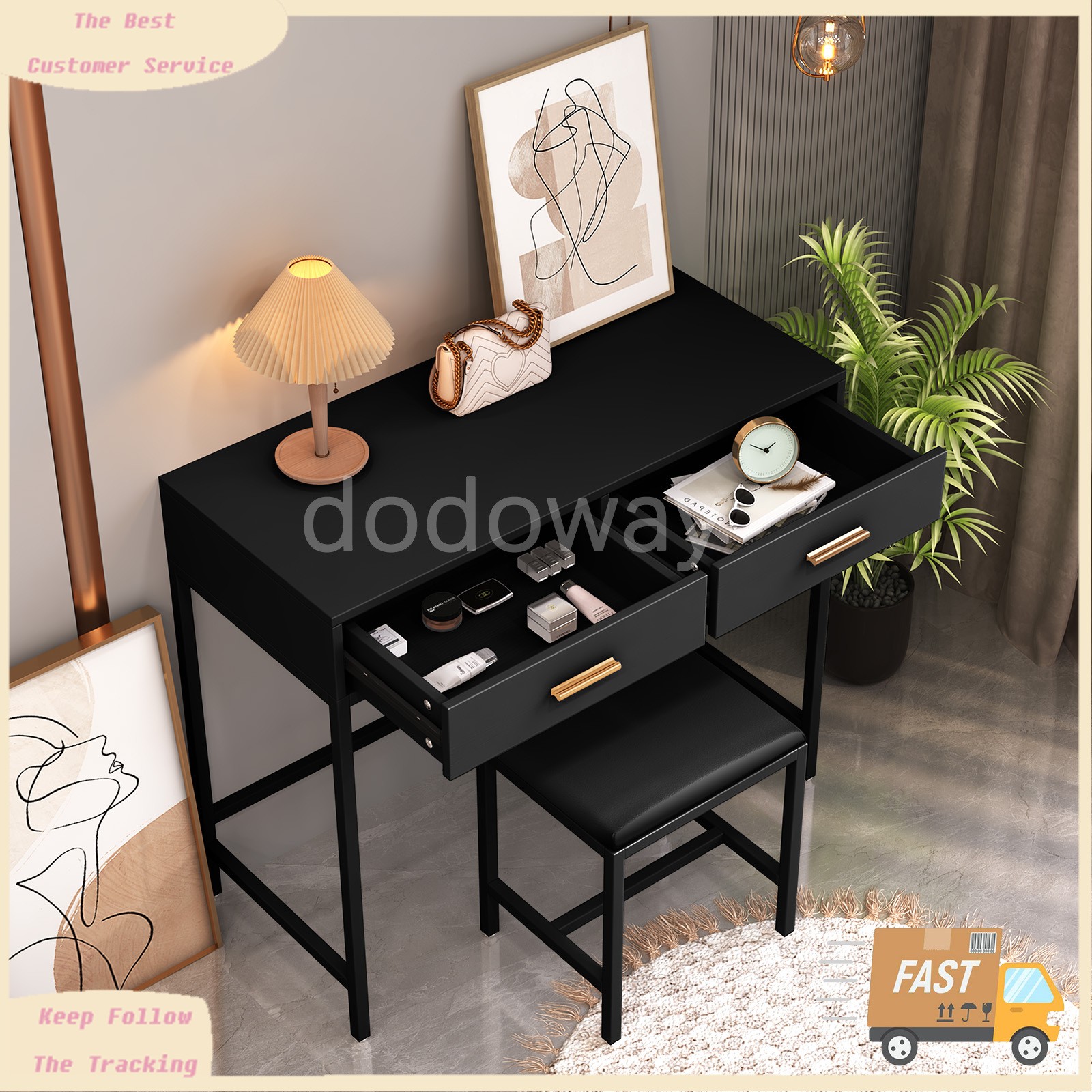 Black Modern Vanity Desk Stool Computer Home Office Study Table with 2 Drawers gallery