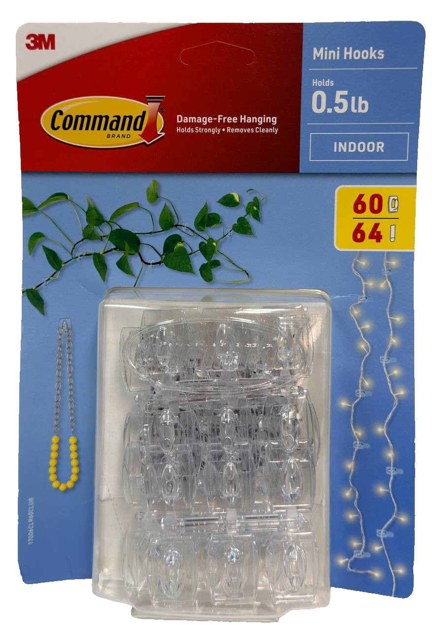 Command Damage-Free Hanging Mini Hooks, Holds 0.5 lb, INDOOR, 60 Hooks 64 Strips gallery