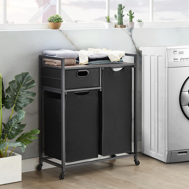 Large Rustic Brown & Black Laundry Basket with Wheels, 3 Compartments, 60L Ca... gallery