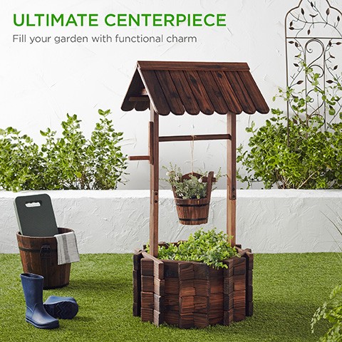 Rustic Wooden Wishing Well Planter Yard Decoration w/ Hanging Bucket gallery