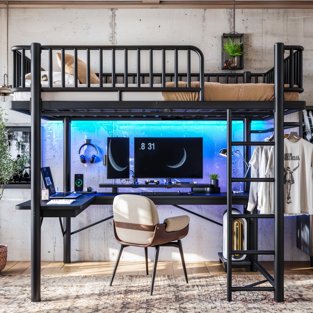 White Full Loft Bed L-Desk LED Charging Station Computer Tray gallery