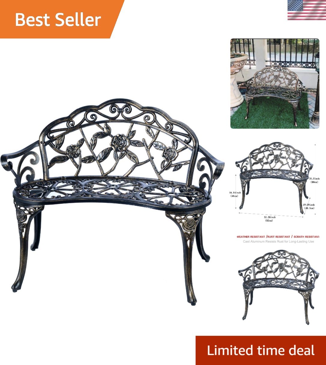 Stylish Copper Finished 2-Person Outdoor Bench with Easy Assembly Instructions gallery