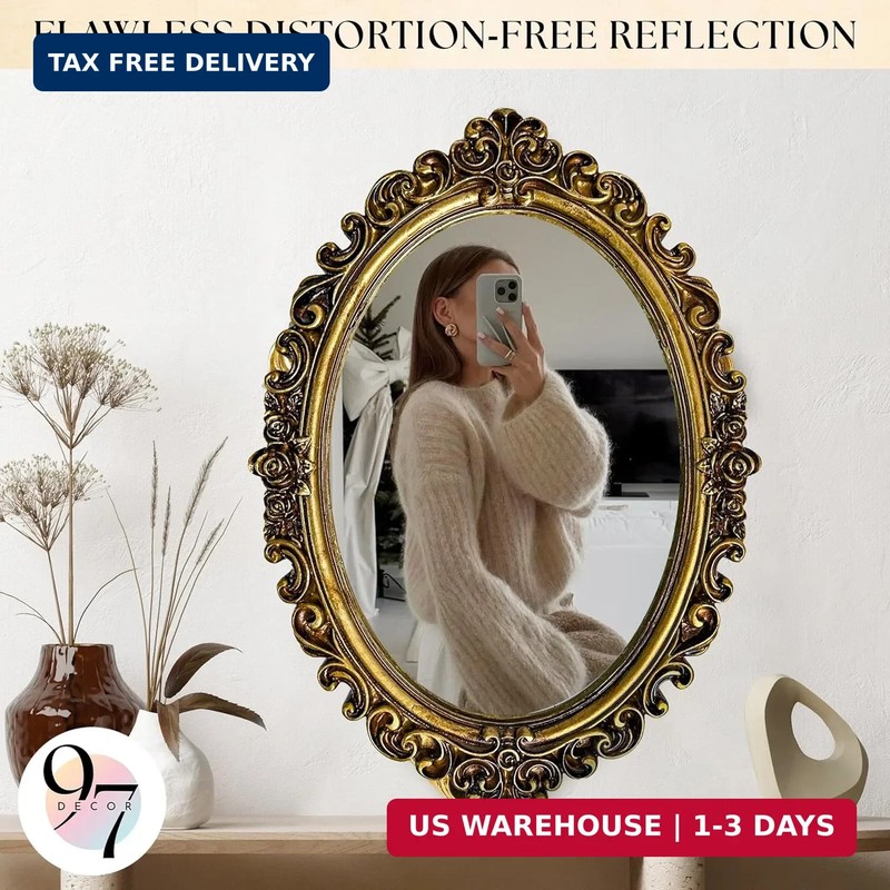 97 Decor Small Oval Mirror for Table - Gold Vintage Mirror for Tabletop and Wall gallery