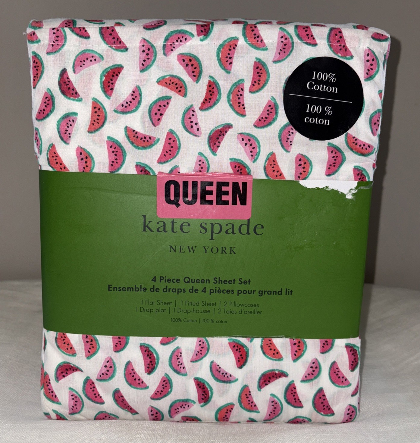 Kate Spade NY Summertime Watermelon Toss 4 Piece Queen Sheet Set 100% Cotton,New gallery