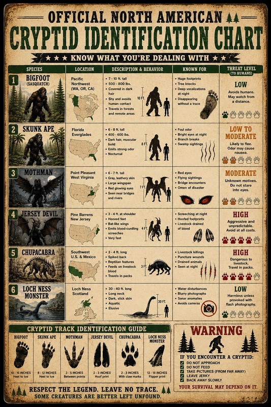 Funny Cryptid Identification Chart 8x12 Metal Sign Bigfoot Mothman Chupacabra gallery