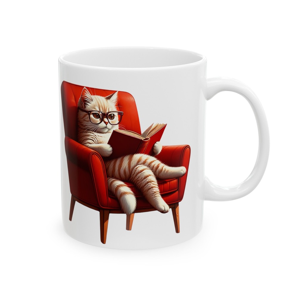 Ceramic Mug 11oz Coffee Cup Romanticism Cat Reading Book in a Red Chair Library