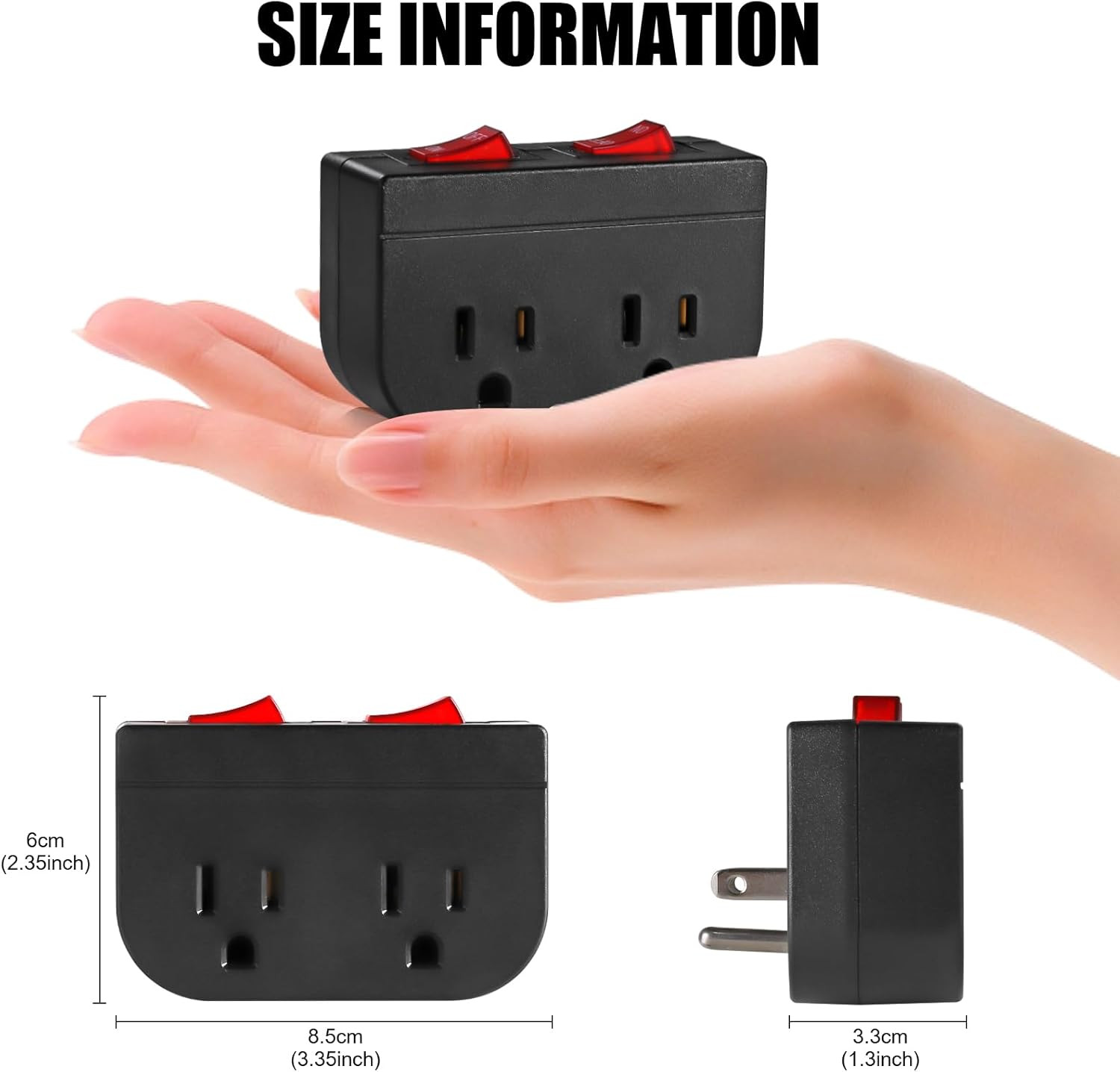 Dual On/Off Switch Grounded Outlet 2-Port Plug Adapter 15A 1875W ETL Black 1PK gallery