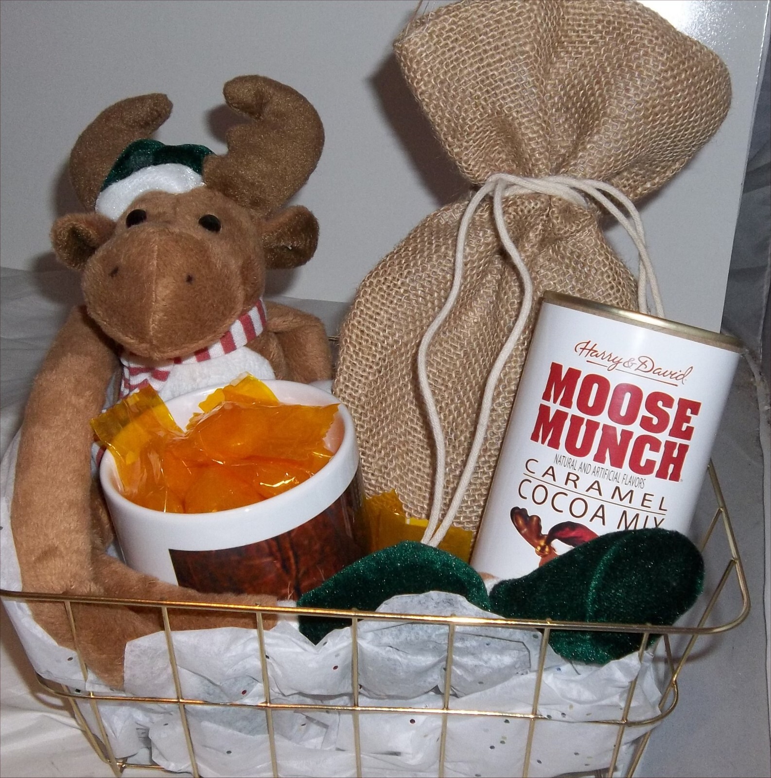 Gift Basket Moose Stuffed Moose Can Carmel Cocoa Coffee Candy Wire Any Holiday gallery