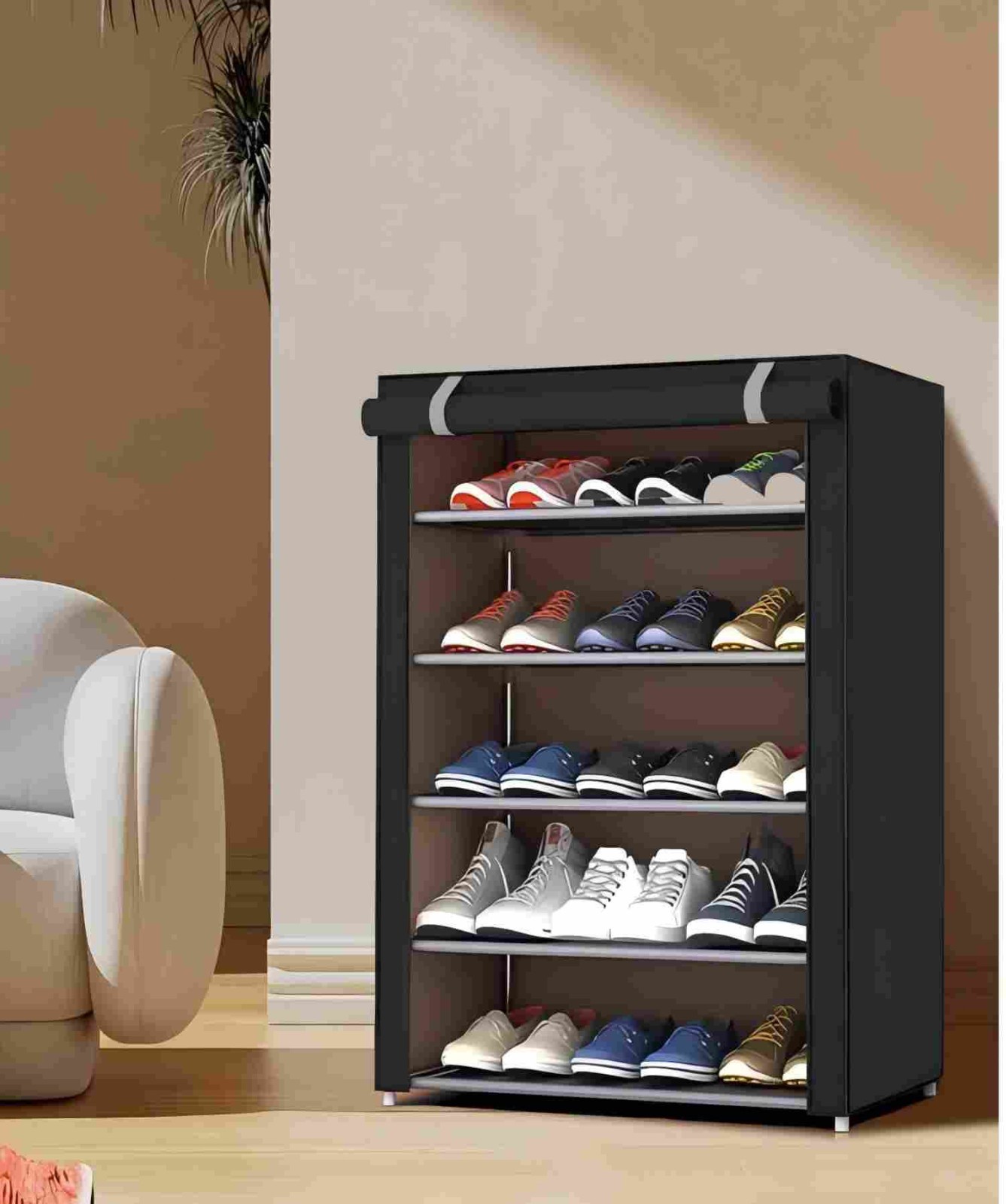 6 Tier Shoe Rack with Dustproof Cover Simple Shoe Rack Non-Woven Shoe （black） gallery