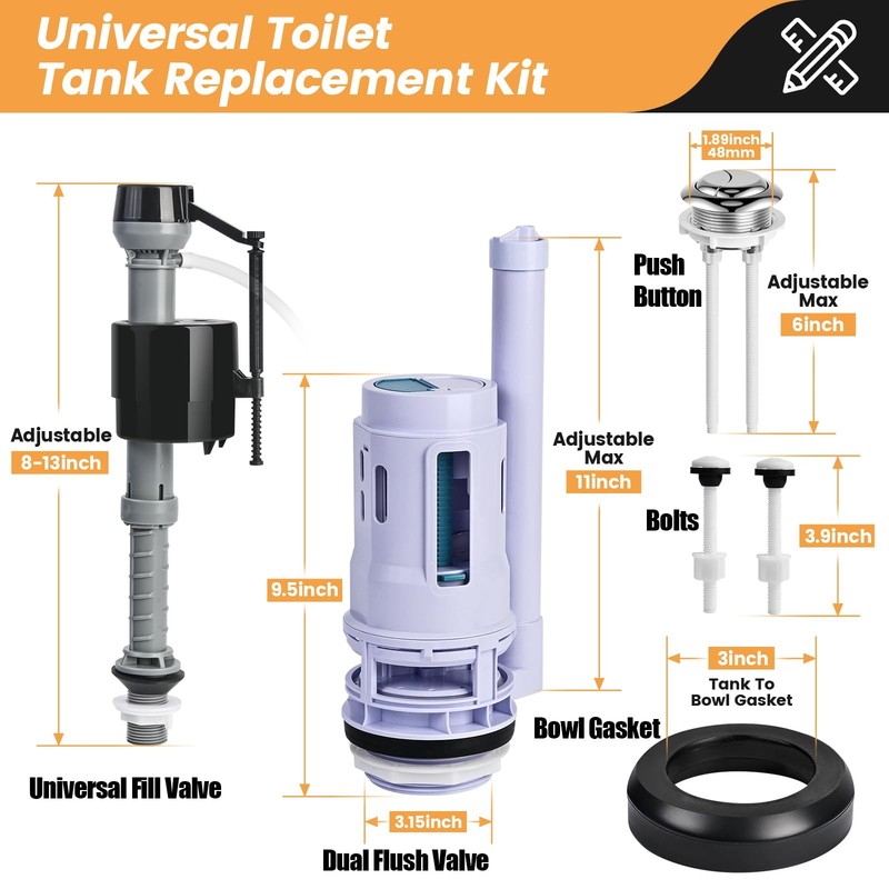 3-Inch Dual Flush Valve Replacement Kit for 2-Piece 3 Inch, Black and Gray gallery
