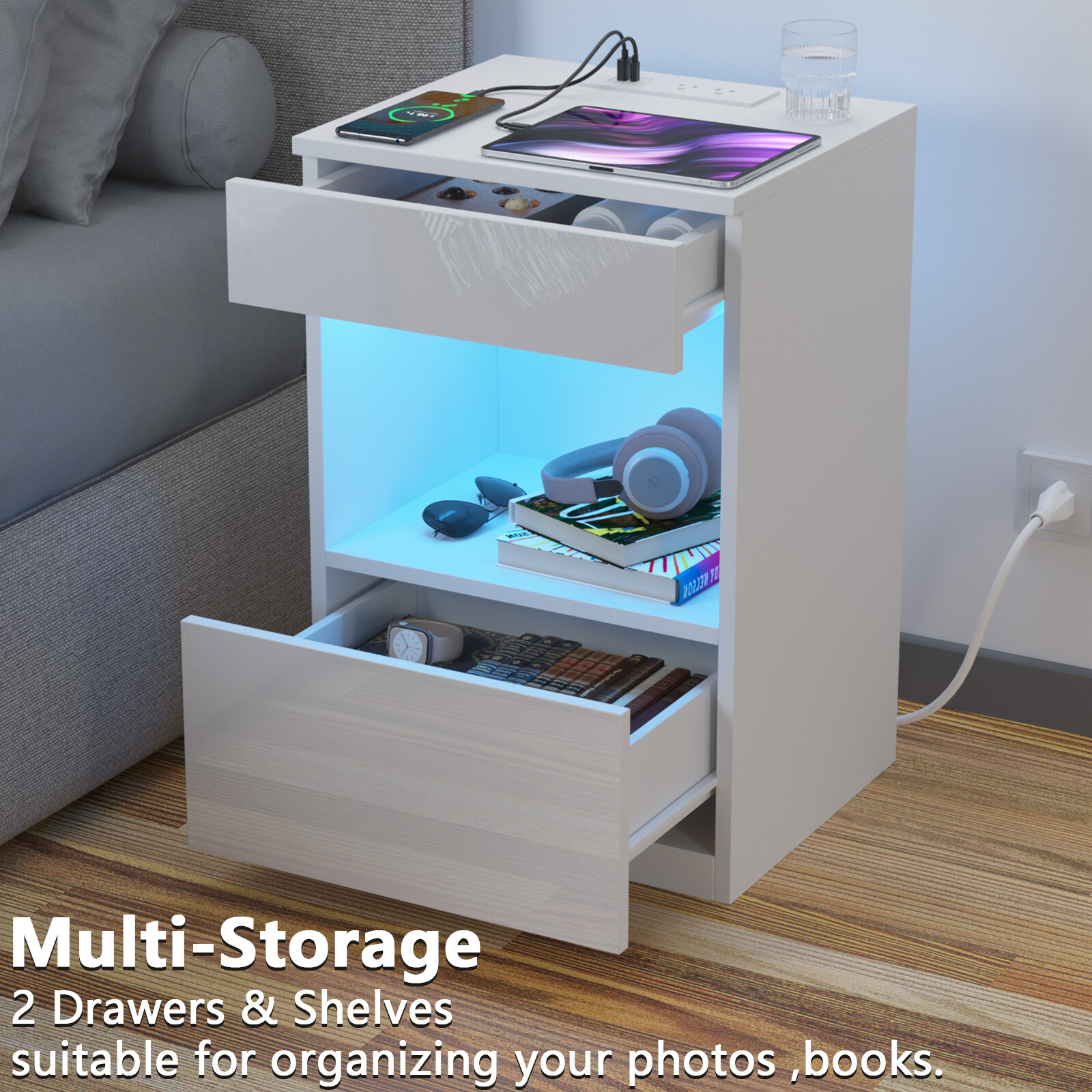 RGB LED Nightstand with Wireless Charging & 2 Drawers Bedroom End Cabinet gallery