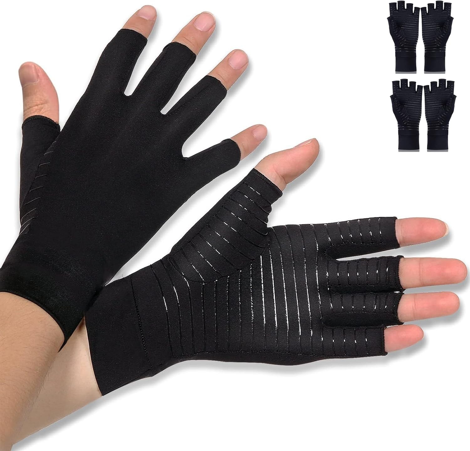 2 Pairs Copper Infused Compression Arthritis Gloves, Fingerless Carpal Tunnel gallery