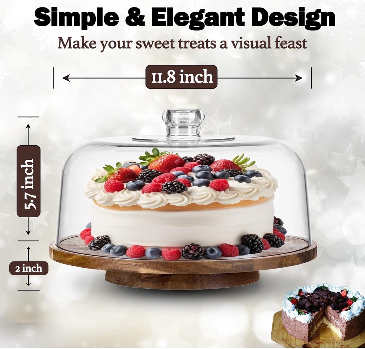 10" Rotating Cake Stand with Acrylic Dome Lid - 360 Degree Acacia Wood Spinni... gallery