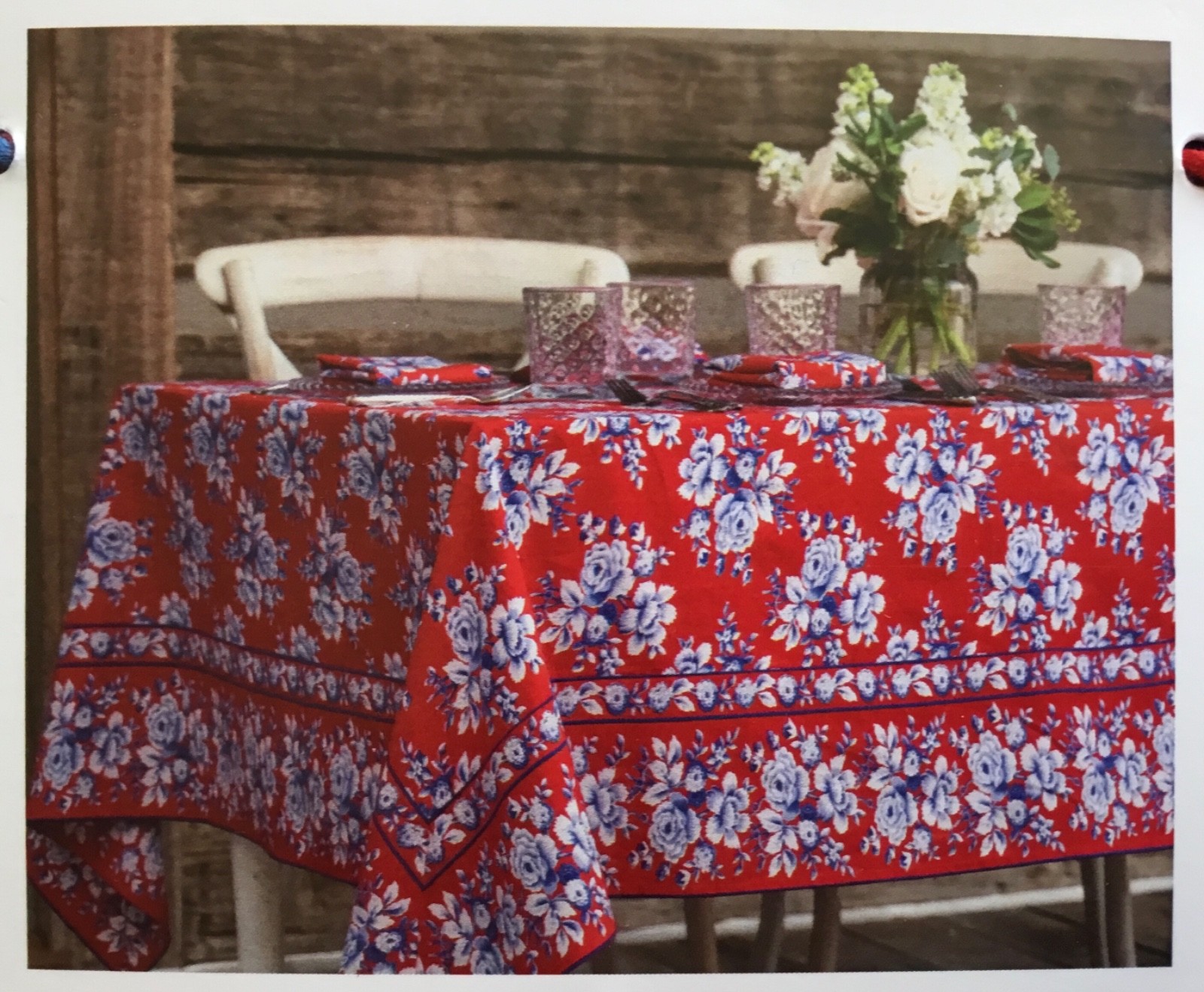 APRIL CORNELL Willa Rose Flower Tablecloth Cotton 60” x 84” Red/Blue/White NEW gallery