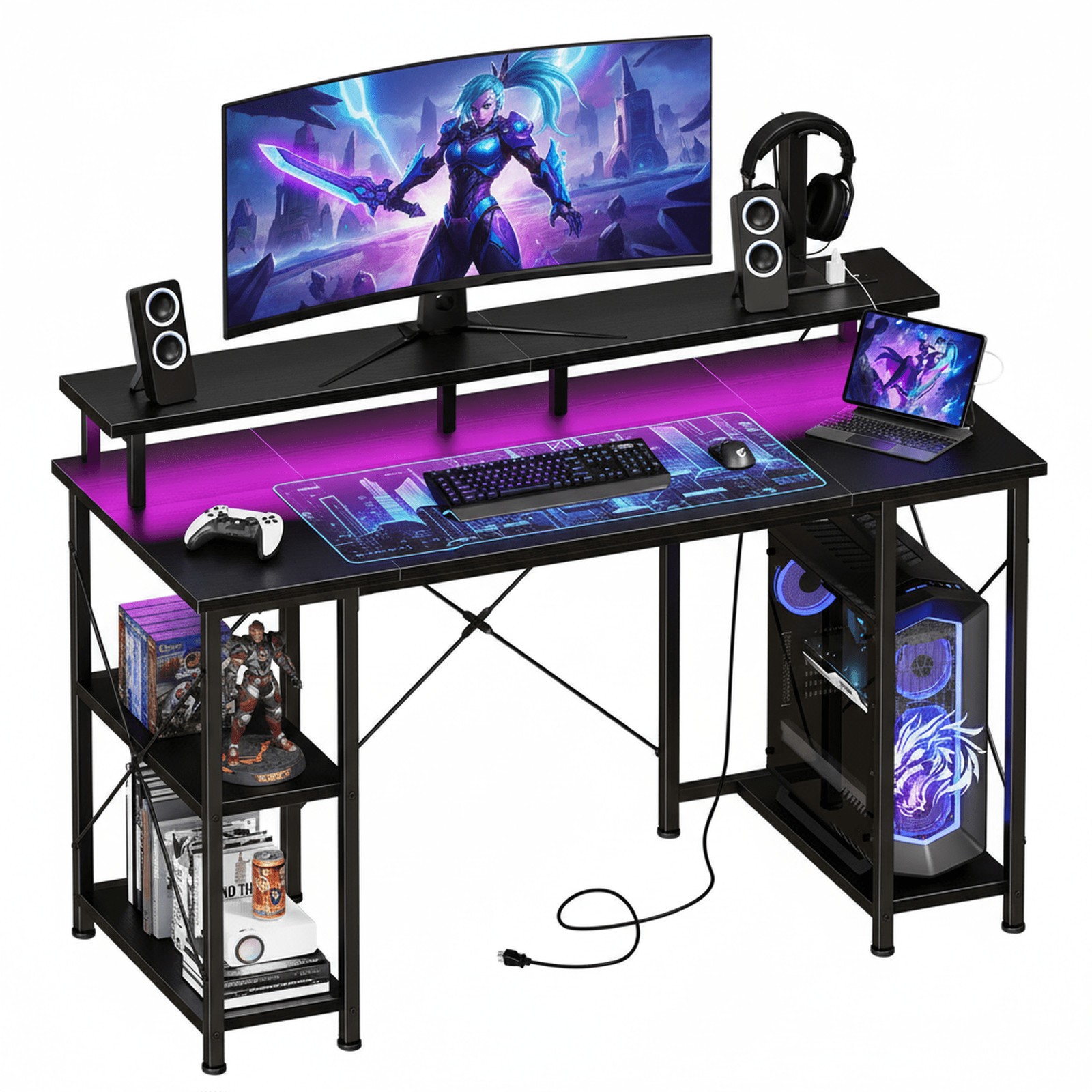 Gaming Table Home Office Computer Desk w/LED Lights,Power Outlet,Monitor Stand gallery