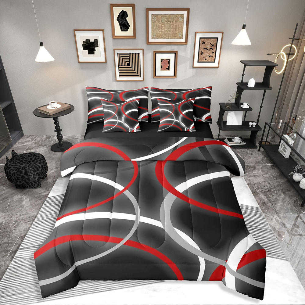 Red Geometric Comforter Set Queen Size 7 Pieces Modern Bedding