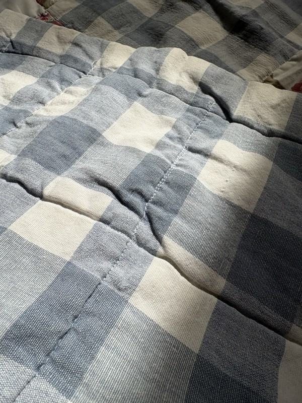 Vintage Handmade Machine Stitched Heavy Floral & Gingham Block Quilt 66x62” gallery