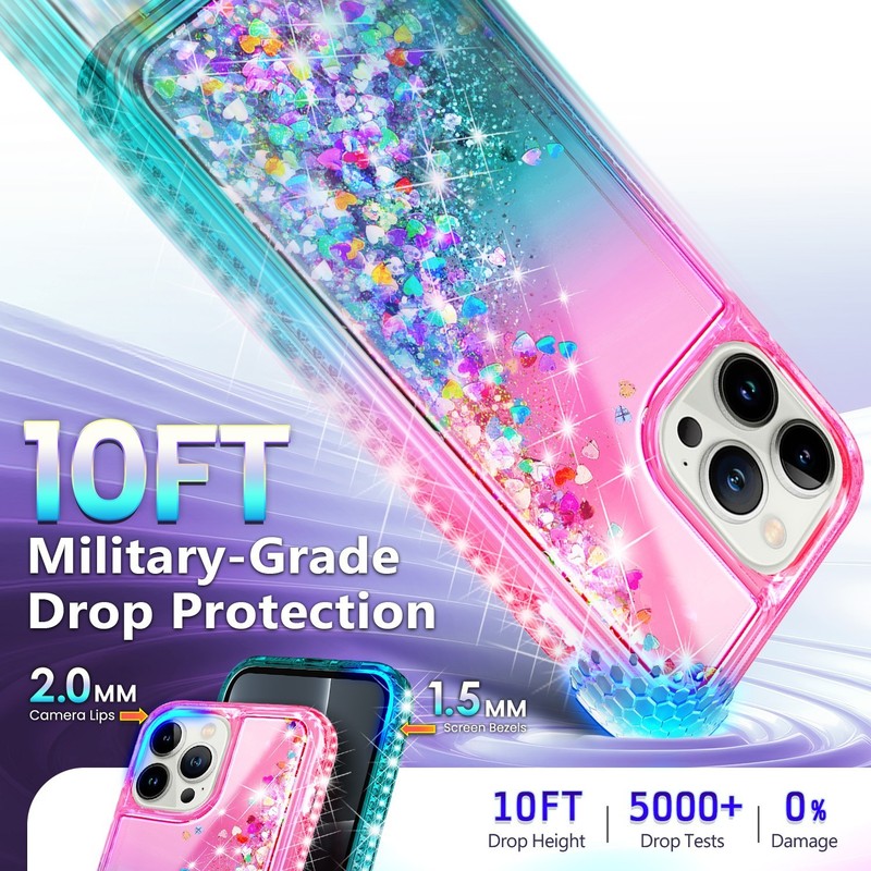 For iPhone 13 Pro Max Pro Mini Liquid Glitter Case With Tempered Glass & Lanyard gallery