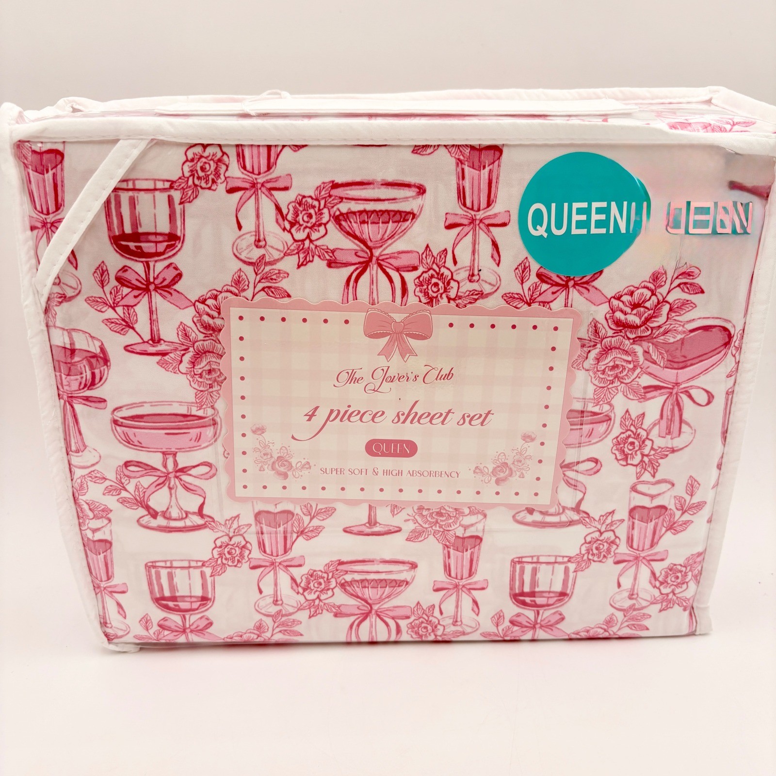The Lovers Club Queen 4pc Sheet Set Pink Champagne Glass Floral Print Super Soft gallery