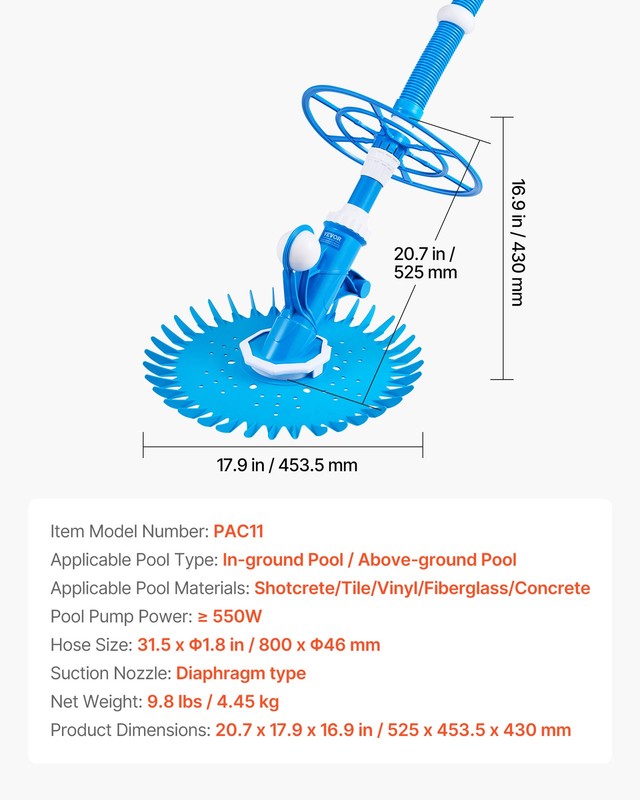 VEVOR Suction Pool Cleaner Vacuum Cleaner 12 Hoses for In/Above-ground Pool gallery