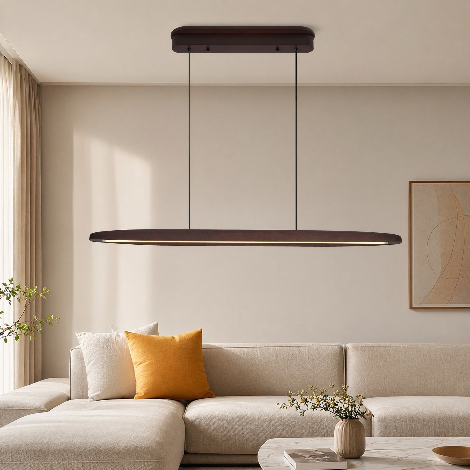 39 in Walnut Linear 3CCT LED Pendant Chandelier Remote Living Room Light Fixture gallery