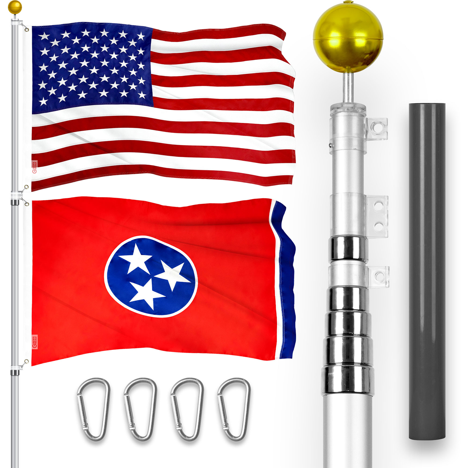 25 Ft Telescoping Flagpole Silver & American and Tennessee Flags Emb 300D 3x5Ft gallery