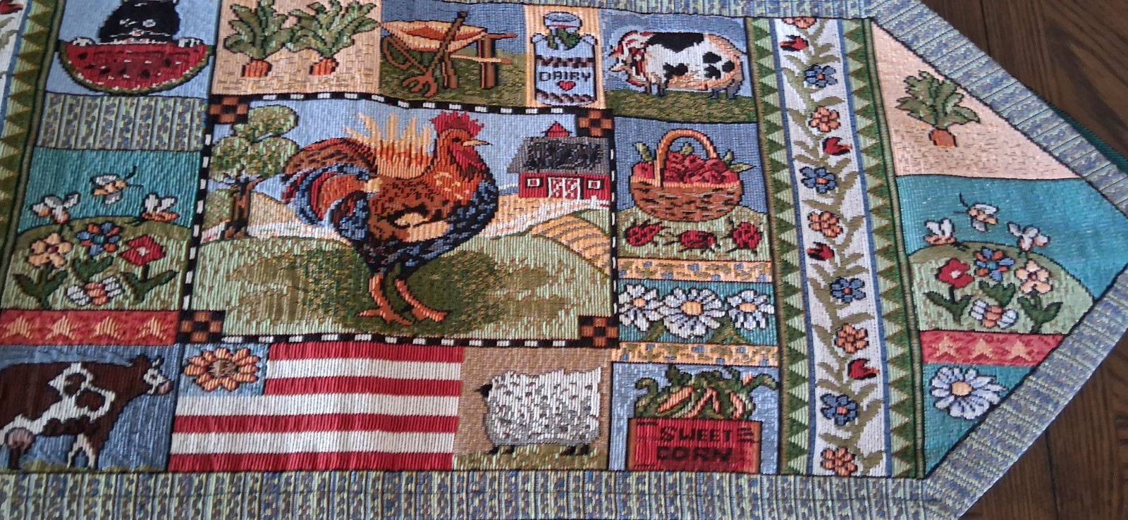 Harvest Tapestry Table Runner Farmhouse Rooster Cow Flowers Natco 12"x 70" gallery