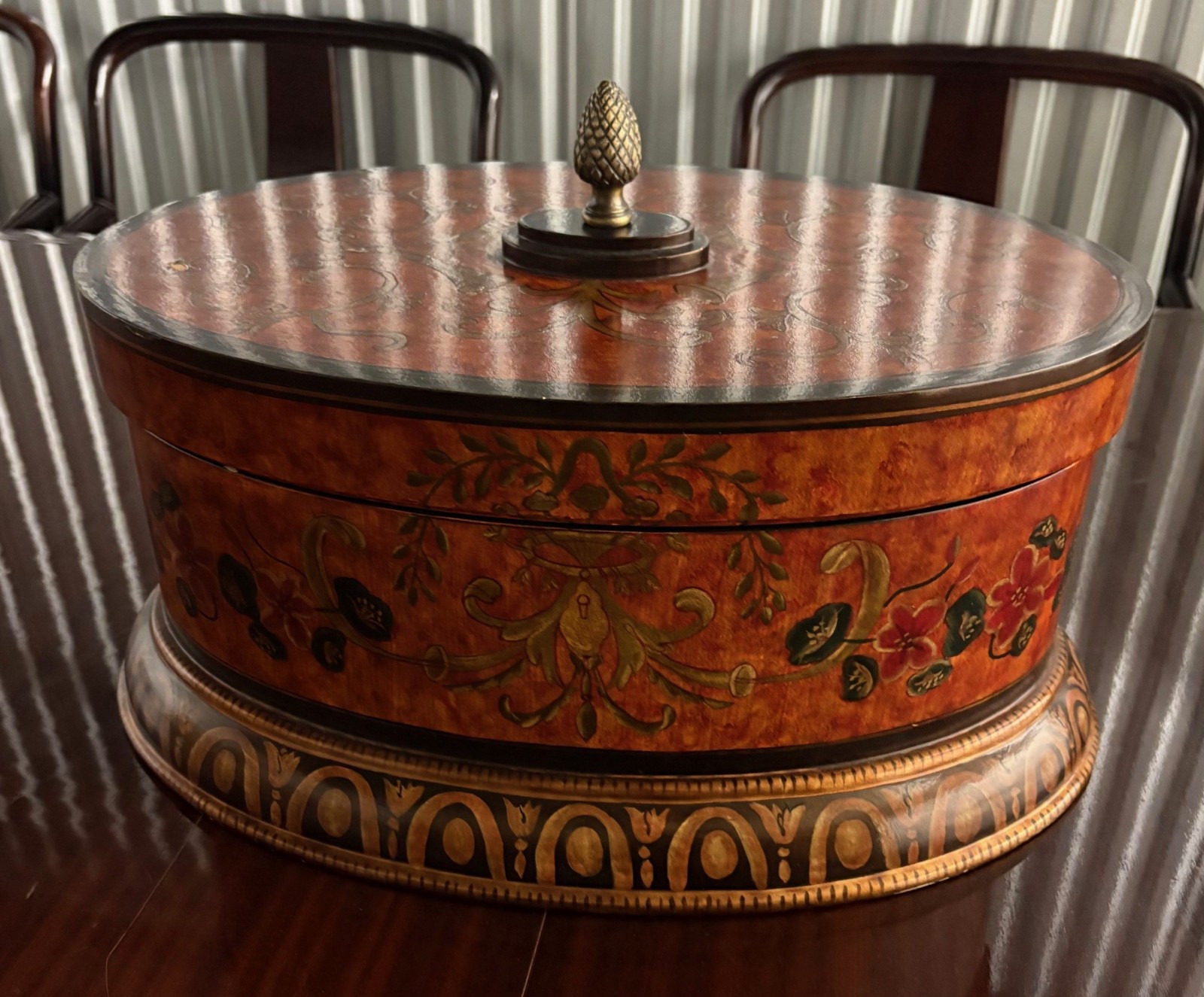 Decorative Chinoiserie Lacquered Storage Box Container w Lid, 19.5" gallery