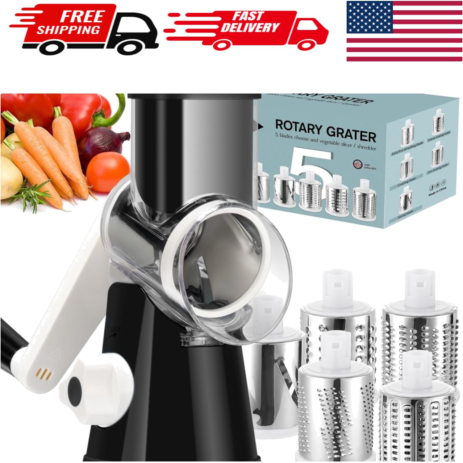 Hand Crank Cheese Grater & Multi-Utility Shredder with 5 Blades - Easy Clean gallery