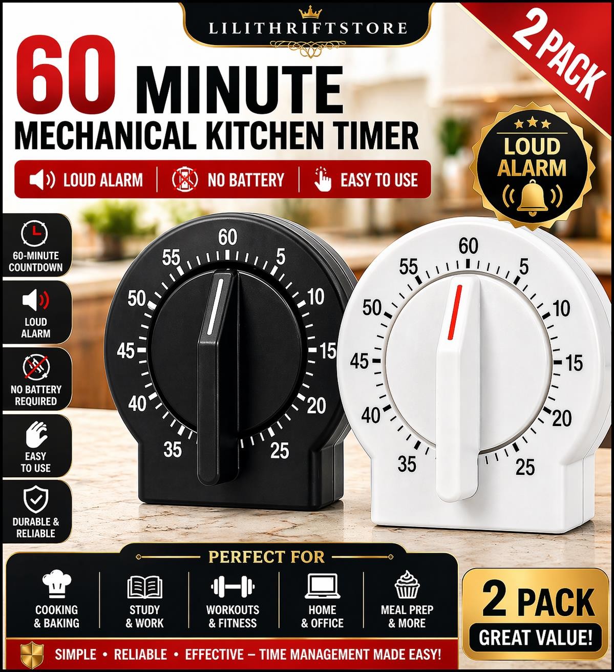 2 Pack Kitchen Timer 60 Min Loud Alarm Mechanical No Battery Easy Use gallery