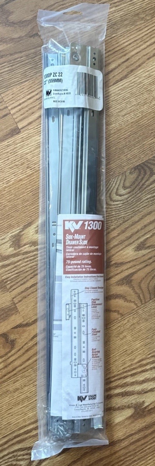 Knape & Vogt 1300PZ22 Drawer Slide 75-lb 22'' L x 1/2'' W Rail, Steel, Zinc, 2PK gallery