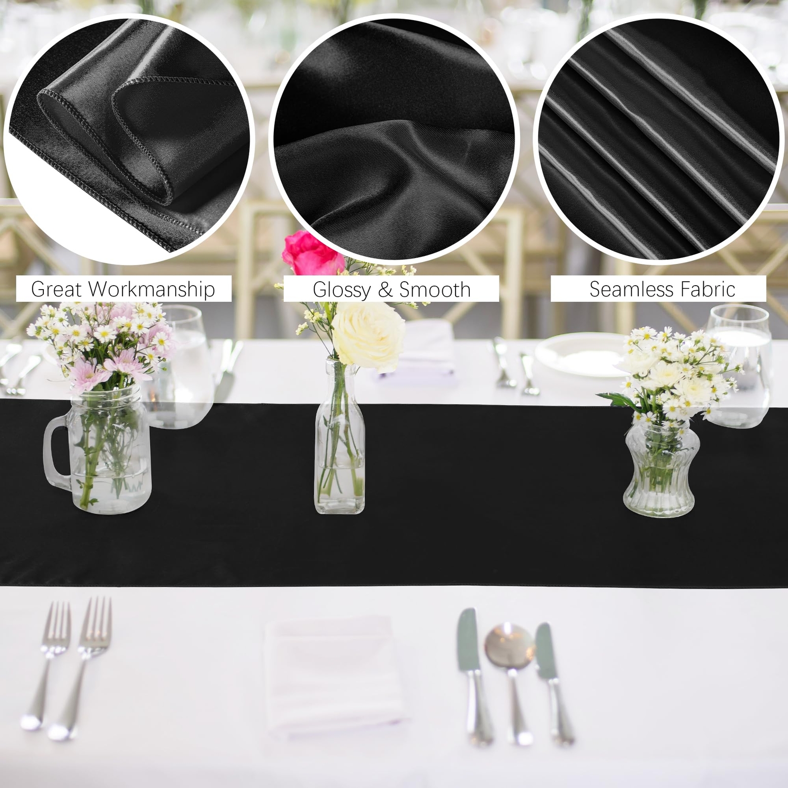 4 Pack Satin Table Runner 12 x 108 Inch Black Smooth Fabric Party Decoration gallery
