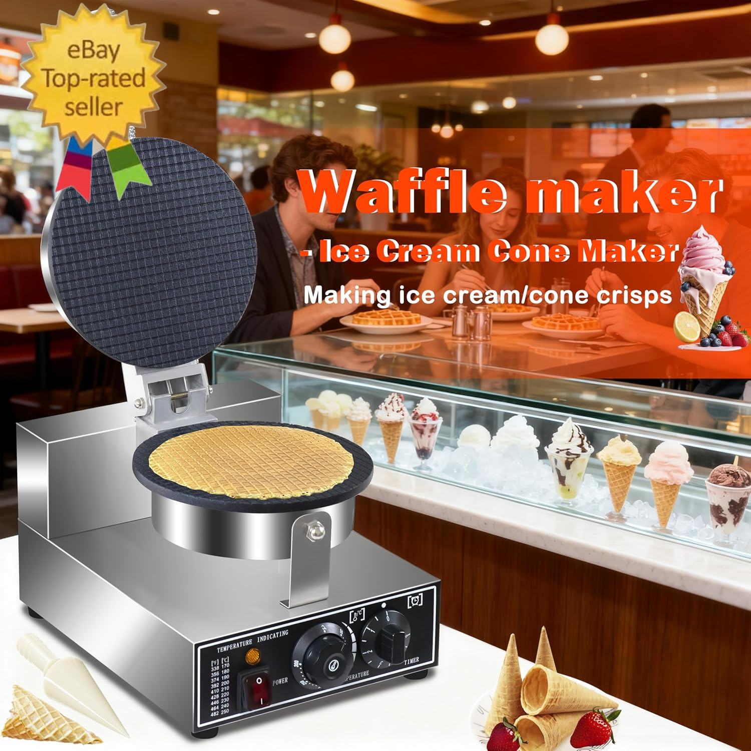 110V Electric Ice Cream Cone Maker 1300W Commercial Waffle Cone Machine 1300W El gallery