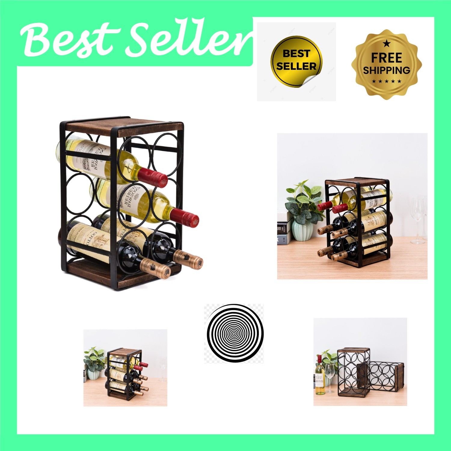 Elegant Rustic Wood Countertop Wine Rack for 6 Bottles - No Assembly Needed gallery