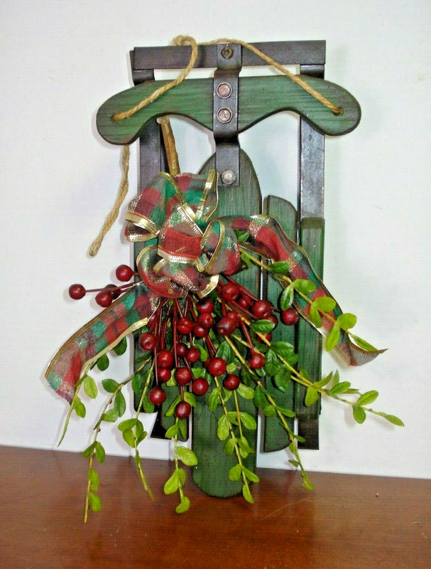 Wood Sled Decor Old Fashioned Decorative Hanging holly leaves gold plaid ribbon gallery