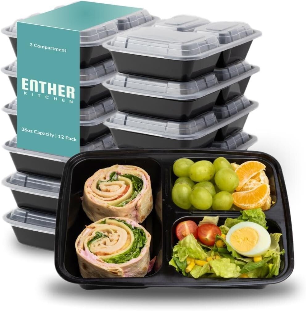 Enther Meal Prep Reusable Containers 36oz, 3 Compartment with Lids, [12 Pack] gallery