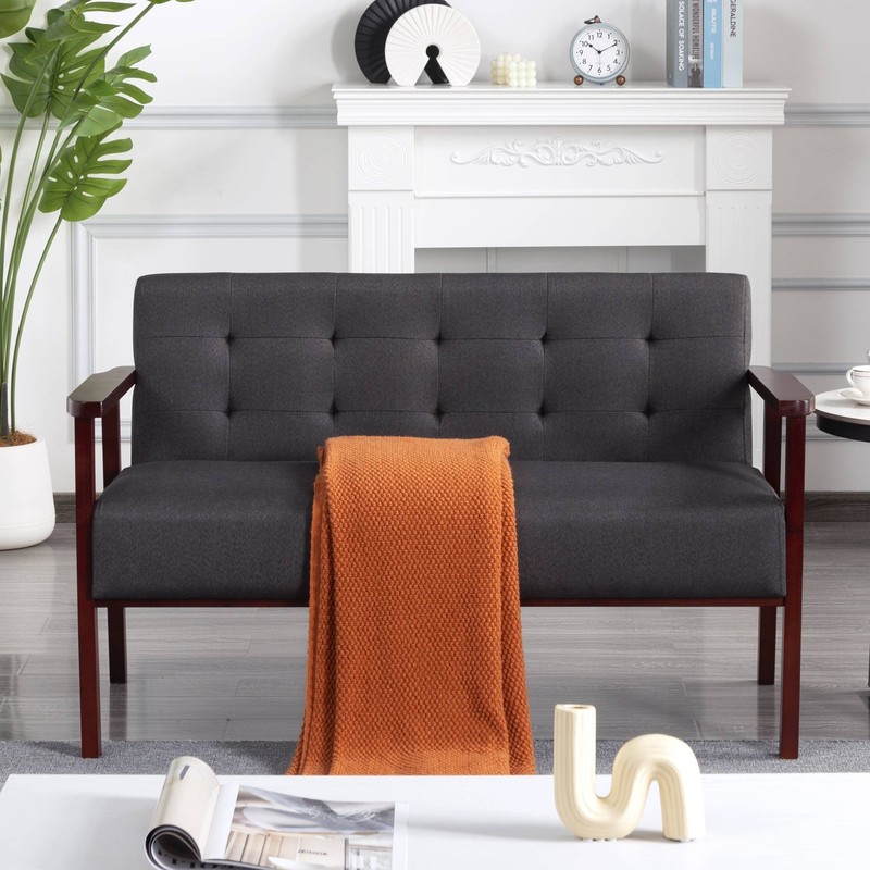 49" Solid Cedarwood Loveseat Tufted Back High-Density Foam Seat Dark Gray gallery