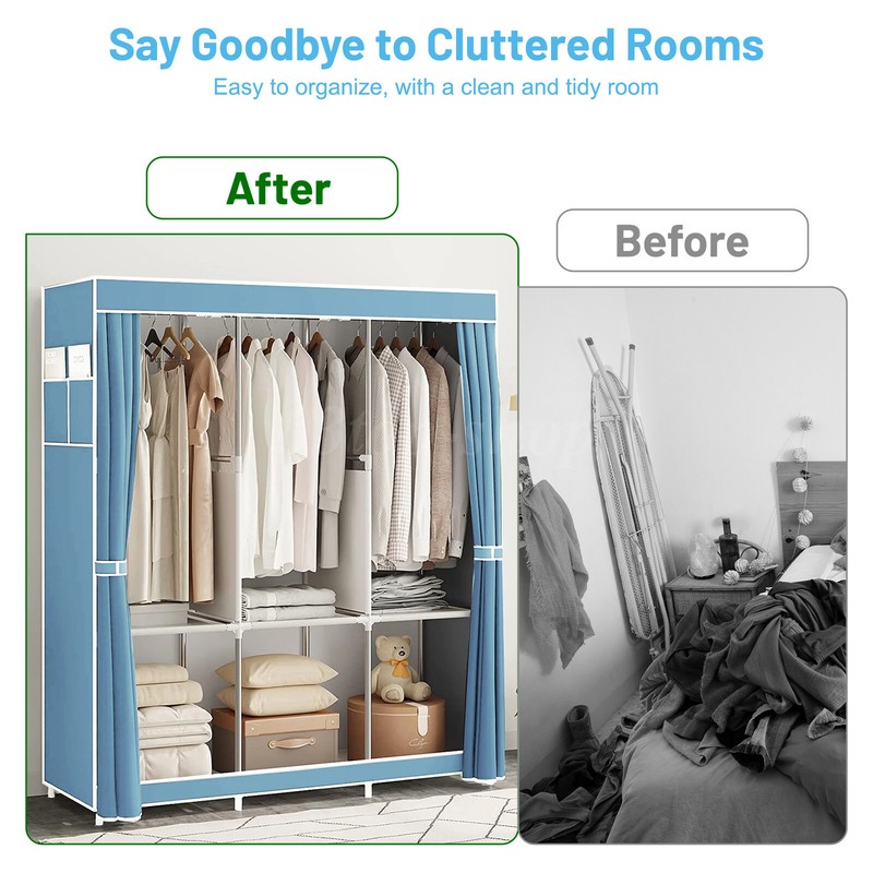 Design Portable Closet Wardrobe Clothes Rack Storage Organizer Shelf Sky Blue US gallery