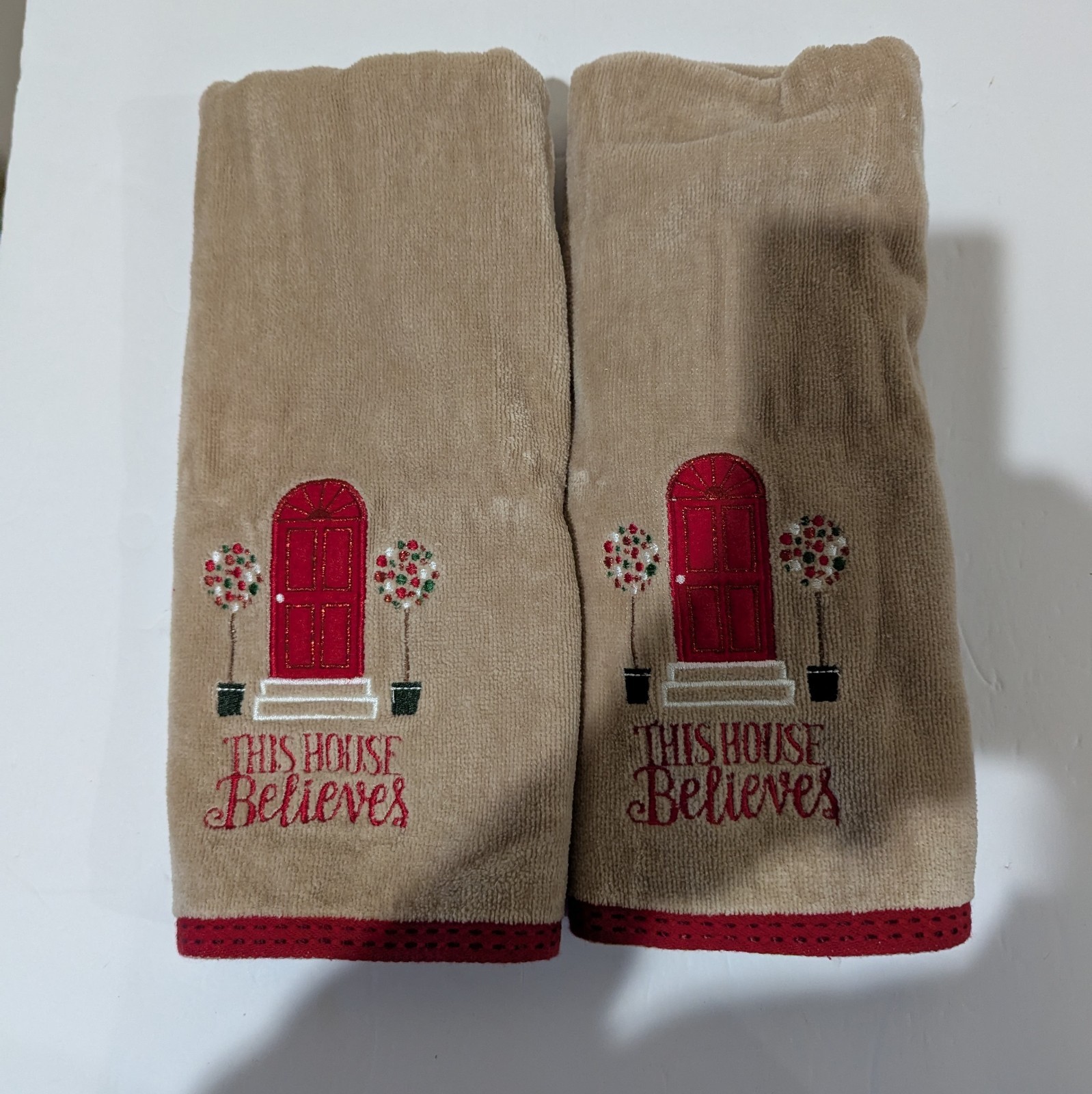 Decorative Tan Hand Towels with Red Door Design. 1 Pr. ( This House Believes). gallery