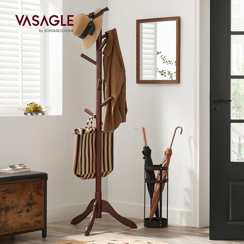 Durable Solid Wood Coat Rack Adjustable Height 3 Sections 8 Hooks Stable Base US gallery