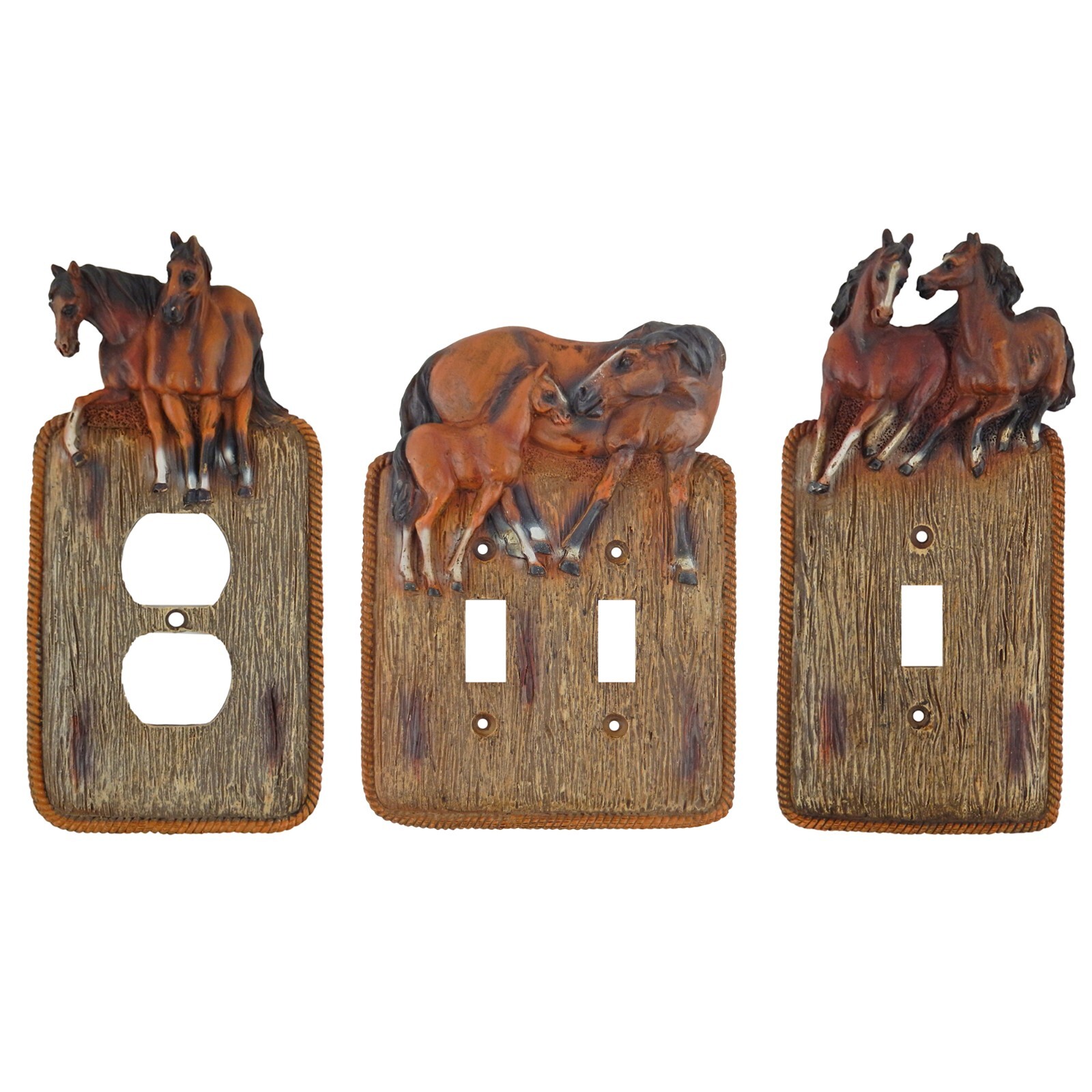 Rustic Western Horses Wall Plate Covers Faux Wood Look Rope Edge Toggle Outlet gallery