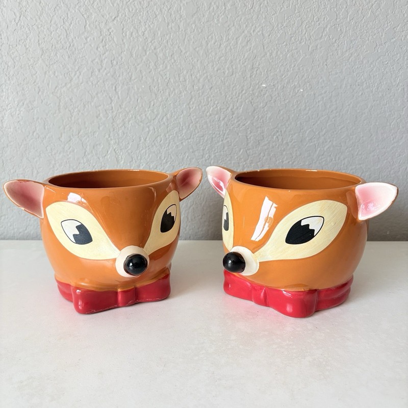 Set 2 Bambi Ceramic Pots Small Succulent Planters One Drainage Hole One No Hole gallery