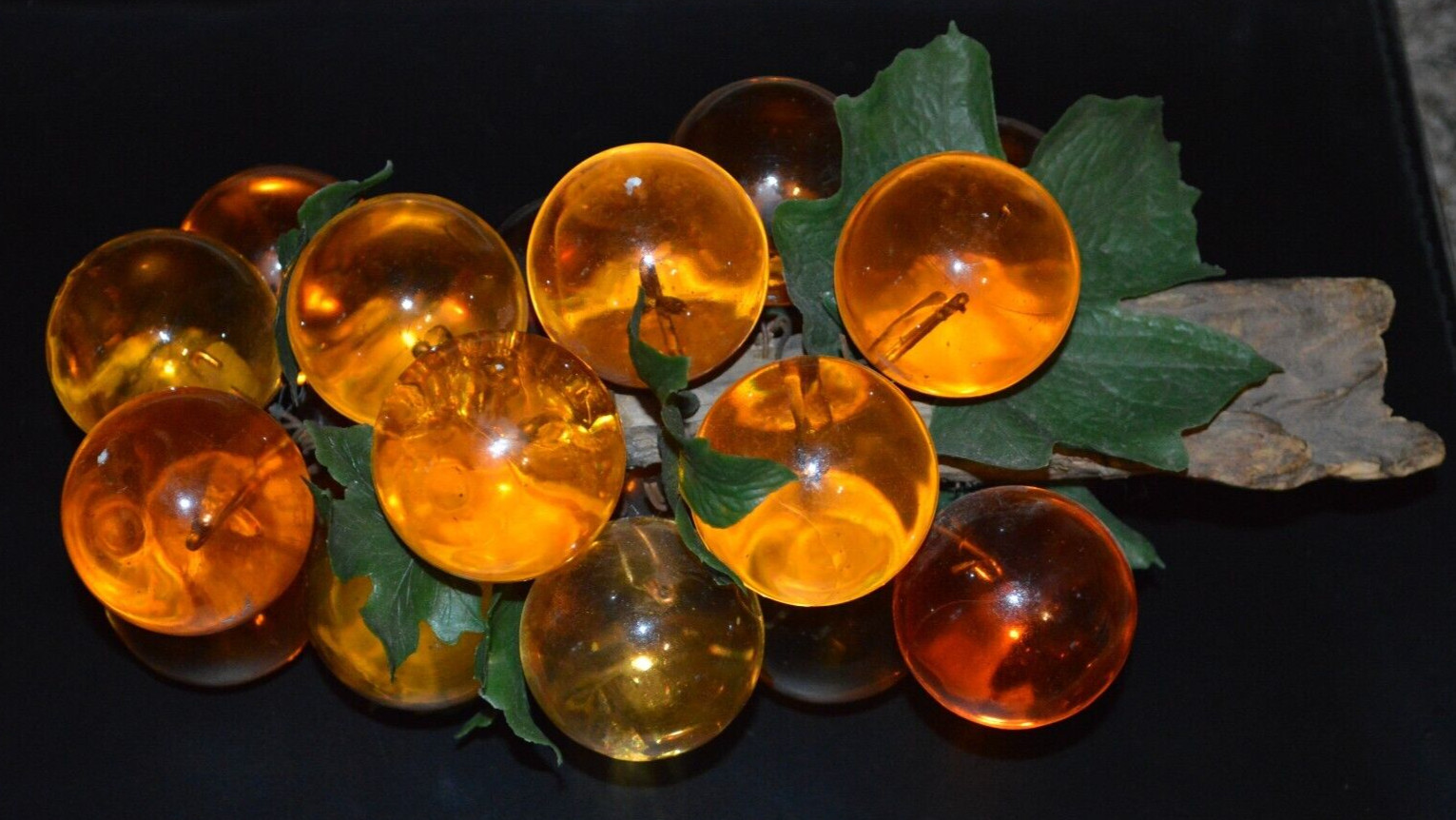 Lucite Acrylic Orange Amber Large Grapes Cluster on Drift Wood 11” Long Vintage gallery