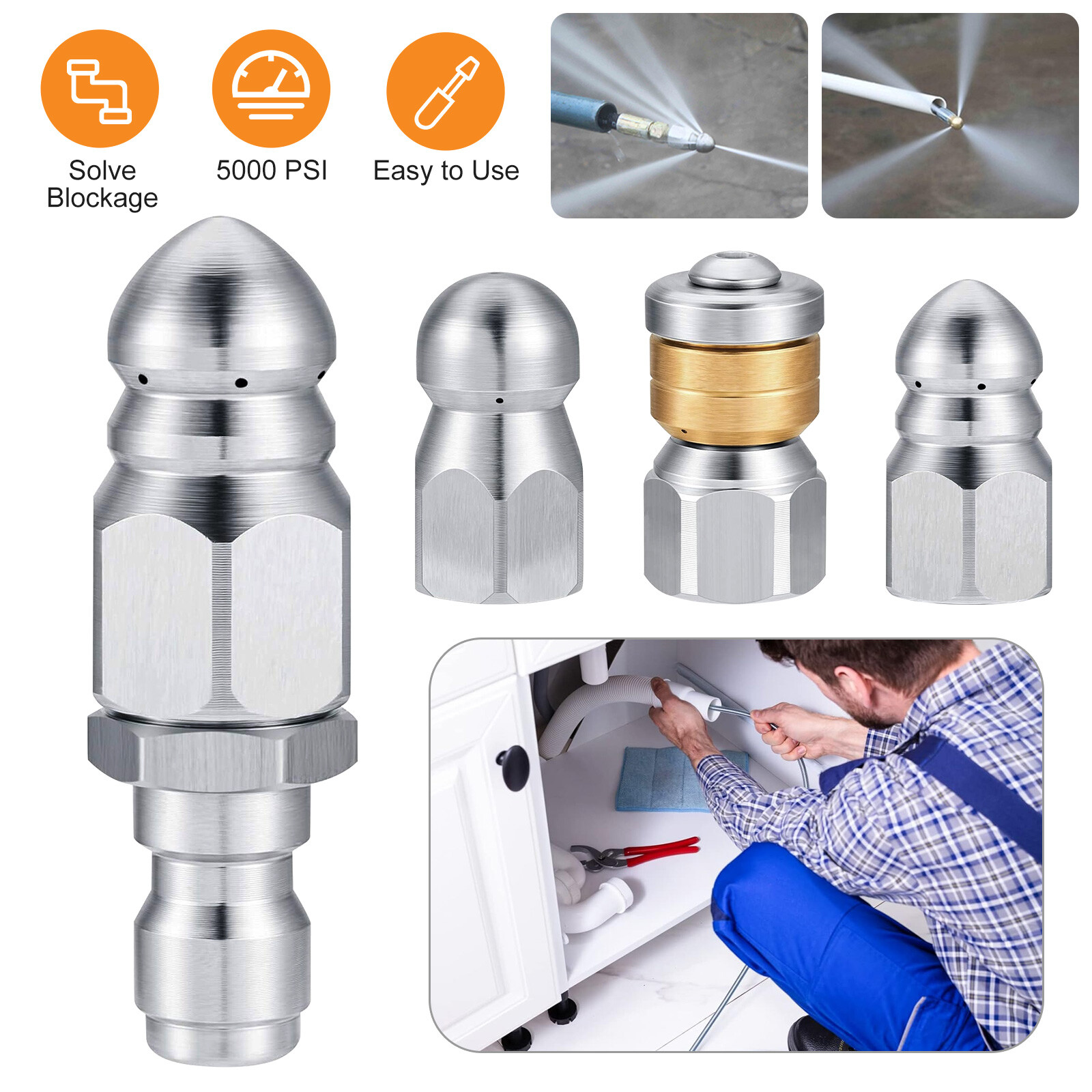 3Pcs 5000PSI Pressure Washer Sewer Jetter Nozzles Drain Cleaning Hose Nozzle Tip gallery