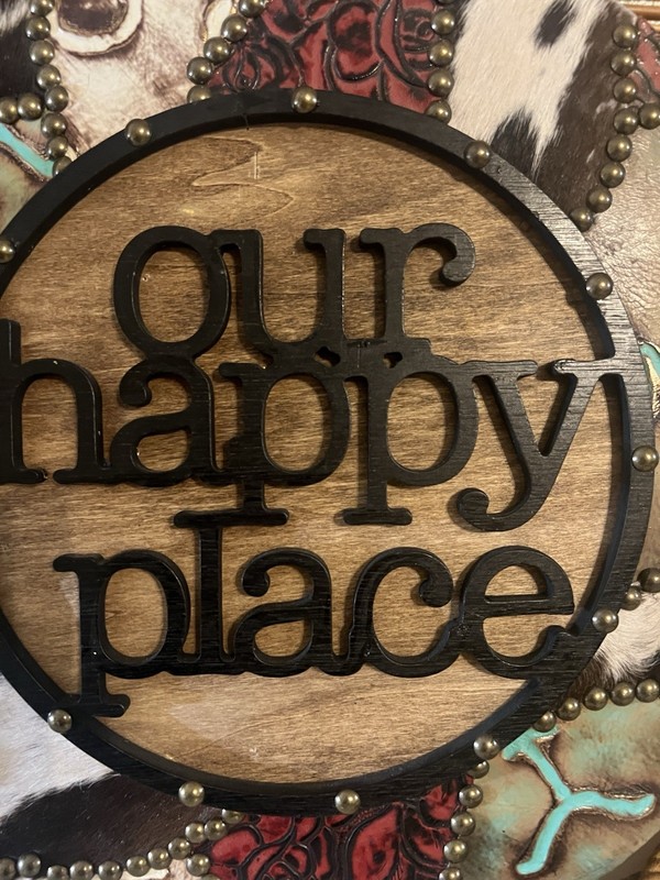 Rustic Wood Round Decorative Leather Wall Hanging Our Happy Place Hair On The Hi gallery